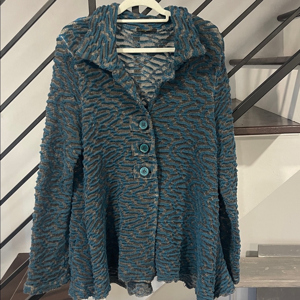 Radzoli Sheer Knit Blue Gray‎ Button Sweater Cardigan XL Aztec Soft Cozy